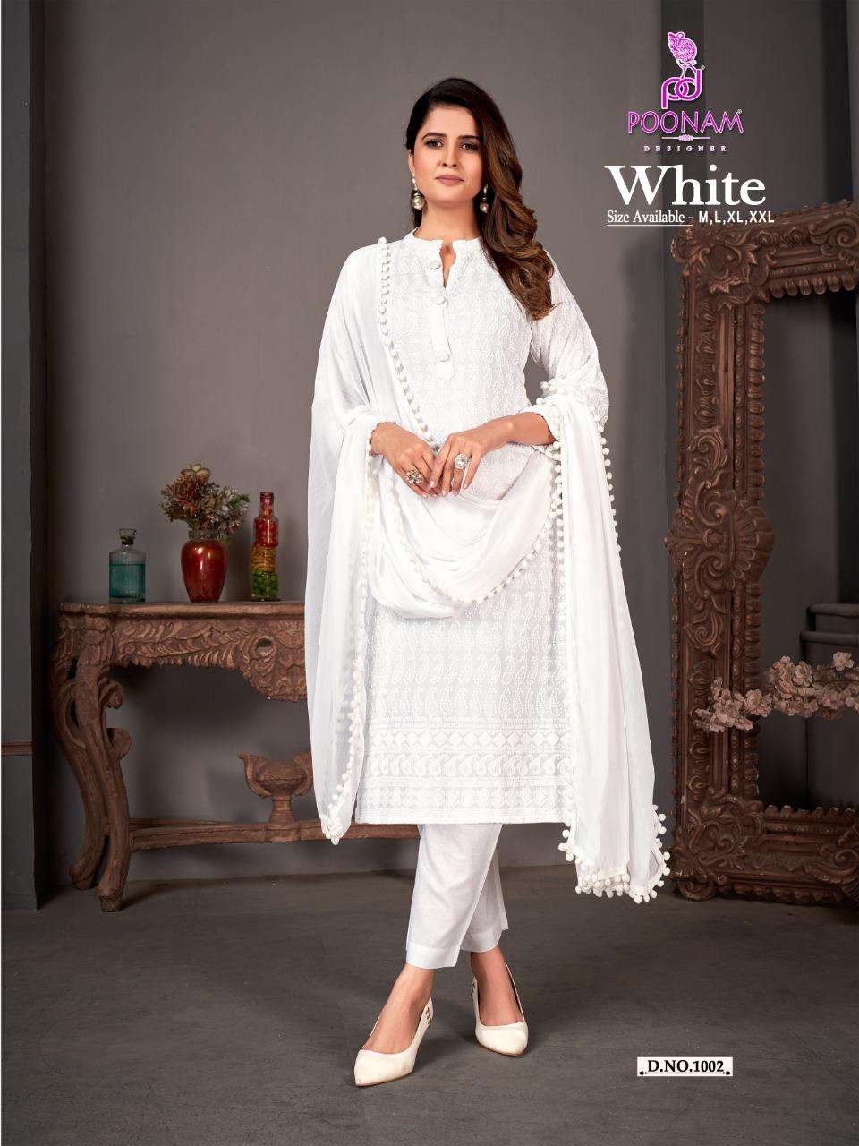 WHITE QUEEN GOWN BY POONAM DESIGNER PRESENTS RAYON CHIKAN WORK GOWN STYLE  KURTI WITH 3-4TH SLEEVES - WHOLESALER AND DEALER
