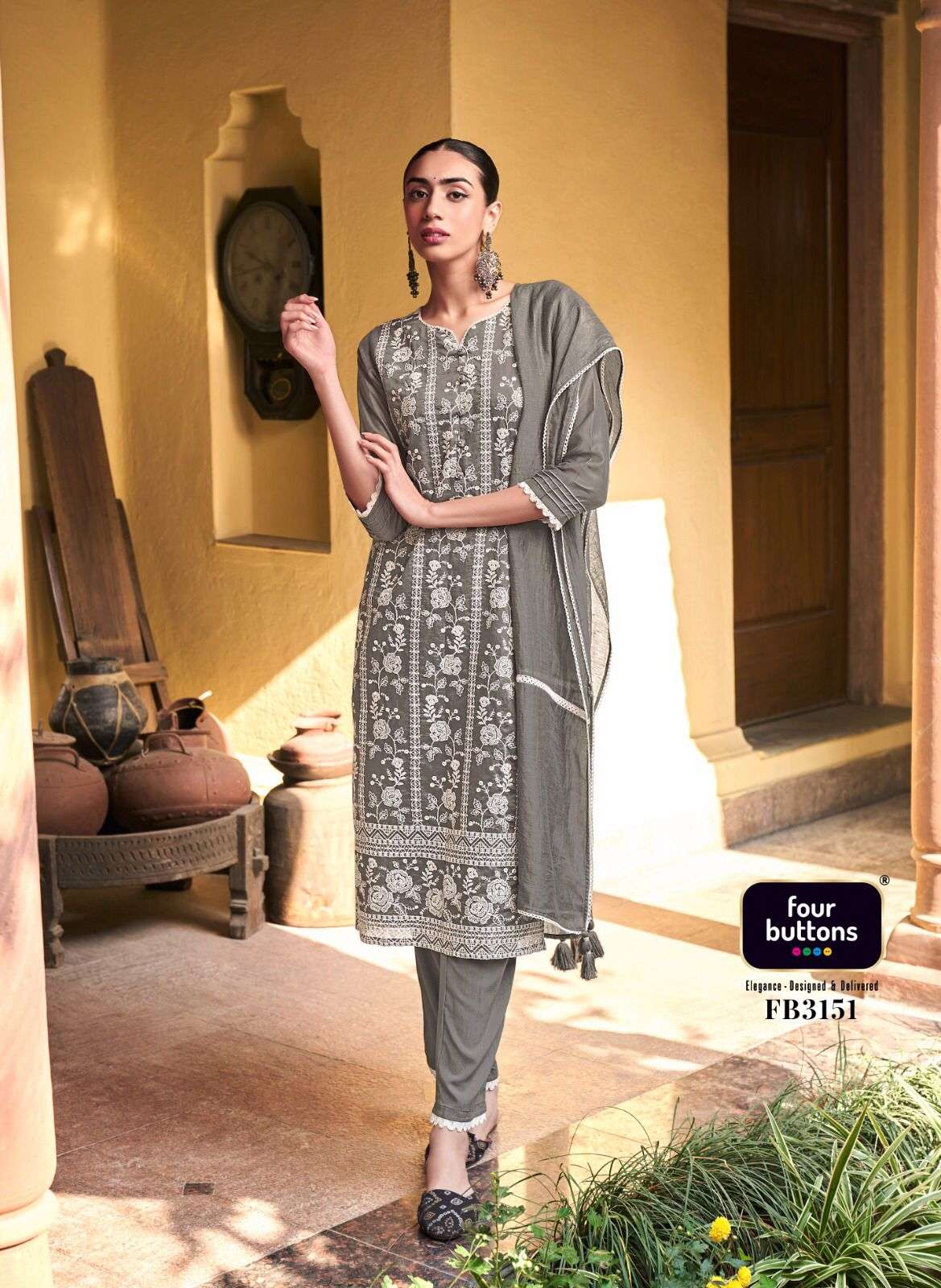 Grey Chinon Silk Crochet Work Printed Kurti Sharara Dupatta Set – SCAKHI