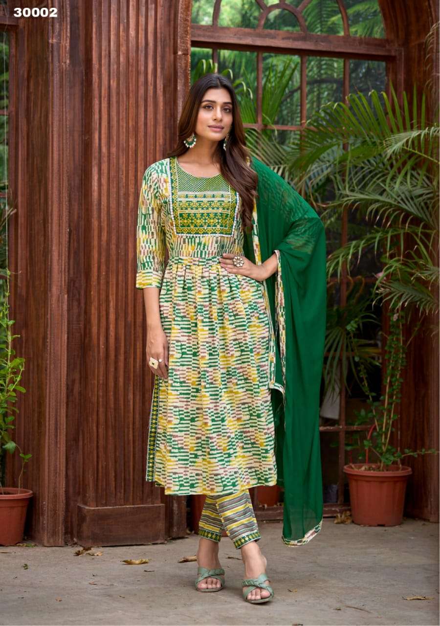 COLOURFUL HEAVY MUSLIN BATIK PRINT EMBROIDERY SEQUENCE WORK NAYRA CUT KURTI  WITH PANT AND NAZMIN DUATTA BY S3FOREVER BRAND WHOLESALER AND DEALER