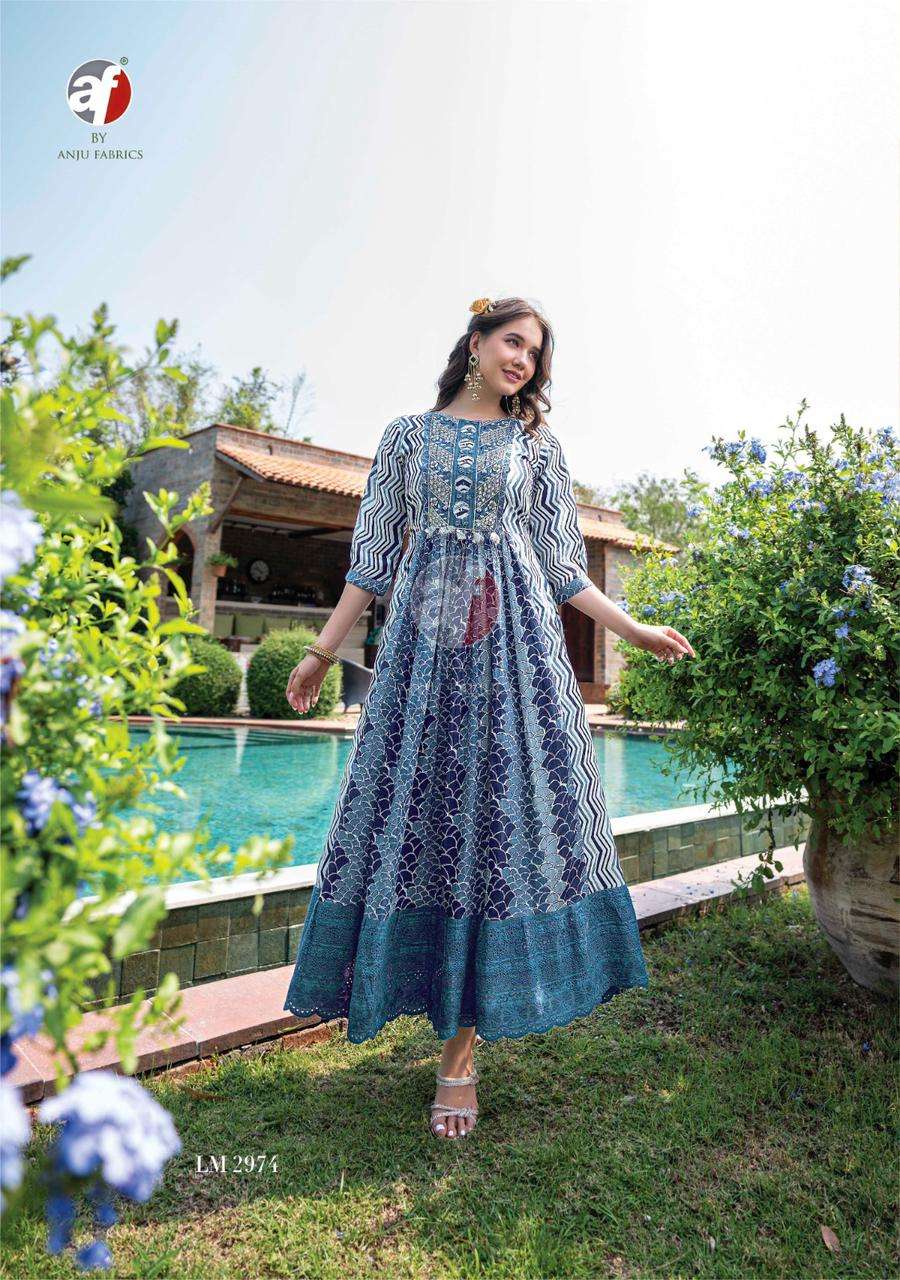 LIMELIGHT VOL 2 PREMIUM MALAI COTTON DIGITAL PRINT HAND EMBROIDERY WORK  DESIGNER GOWN WITH BEAUTYFUL TASSELS BY AF BRAND WHOLESALER AND DEALER