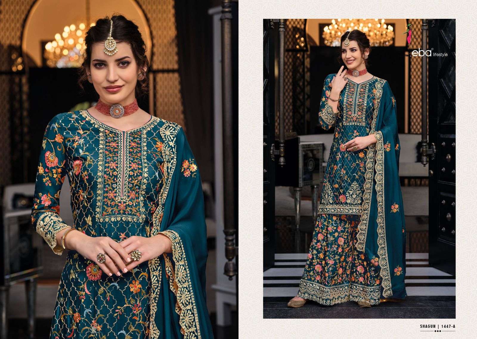 PARISHA GEORGETTE CHINON HEVEY EMBROIDERY WORK GOWN KURTI WITH DUAL SANTOON  PANT AND NAZMINE DUPATTA BY EBA LIFESTYLE BRAND WHOLESALER AND DEALER