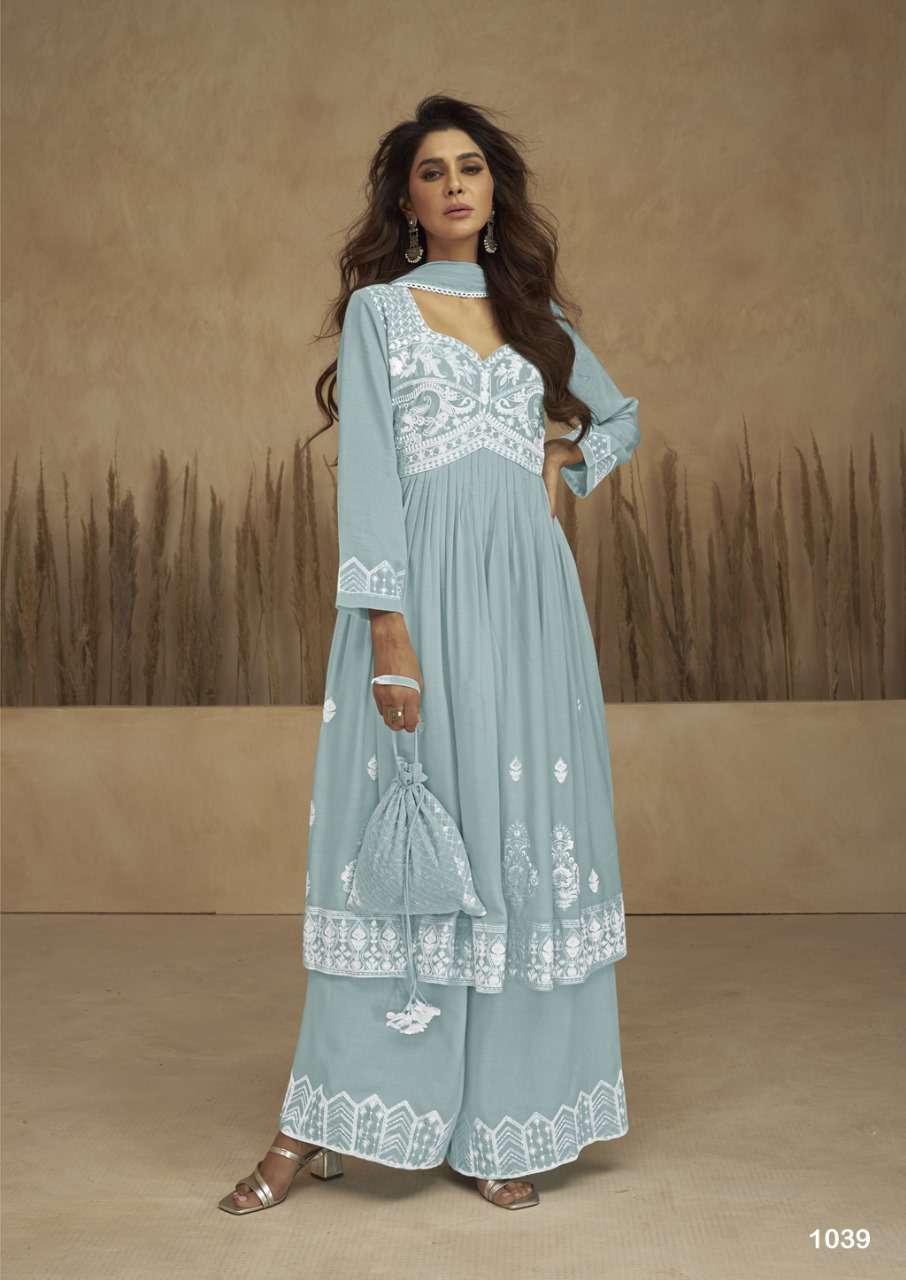 Xomantic Abbigliamento Donna – Set Nyra Con Kurti Ricamato, Plazzo E Dupatta, Taglio Al Ginocchio, Abito Etnico
